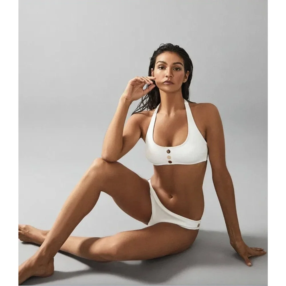 REISS Bikini Top Size 4 NEW White w/ Button Swim Separates Swimsuit Bailey